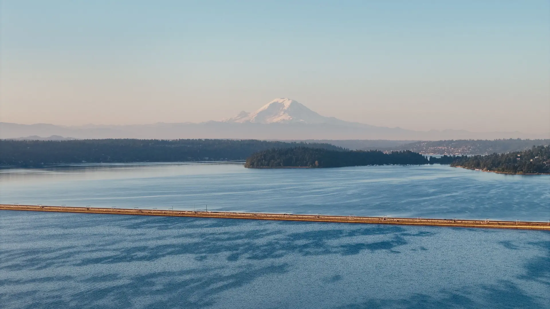 Puget Sound at dusk with Mount Rainier on the horizon