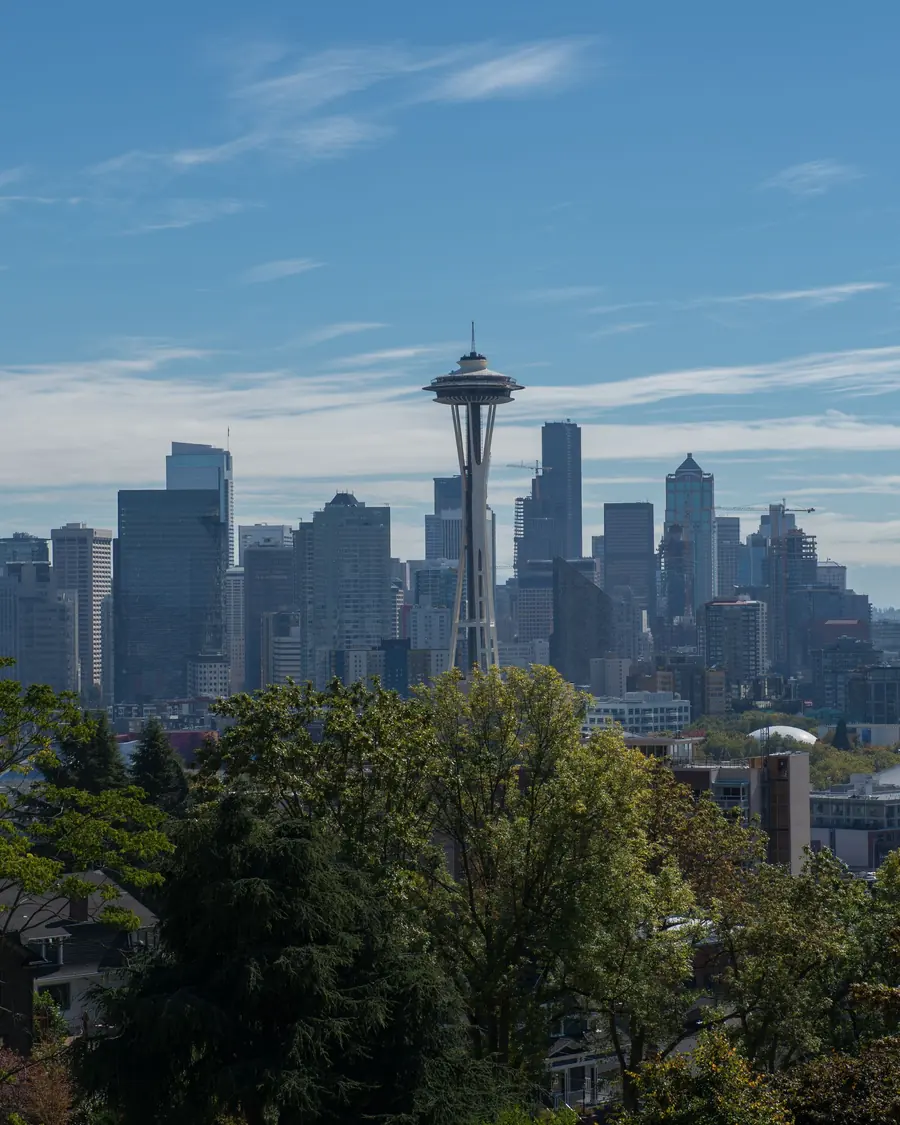 The Seattle skyline and the Space Needle seen through the trees of Kerry Park